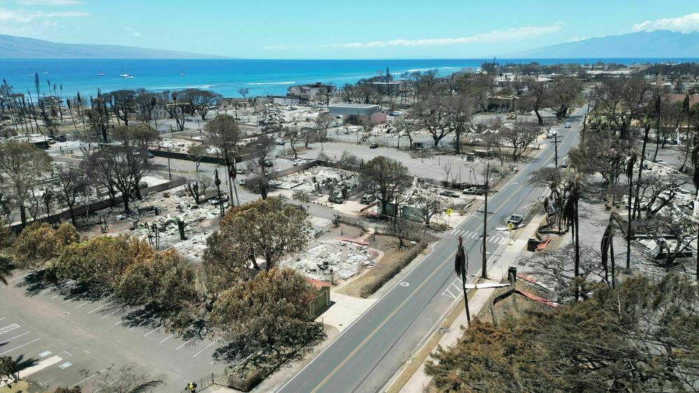 This aerial photo shows destroyed buildings and homes in the aftermath of a wildfire in Lahaina, western Maui, Hawaii on August 11.