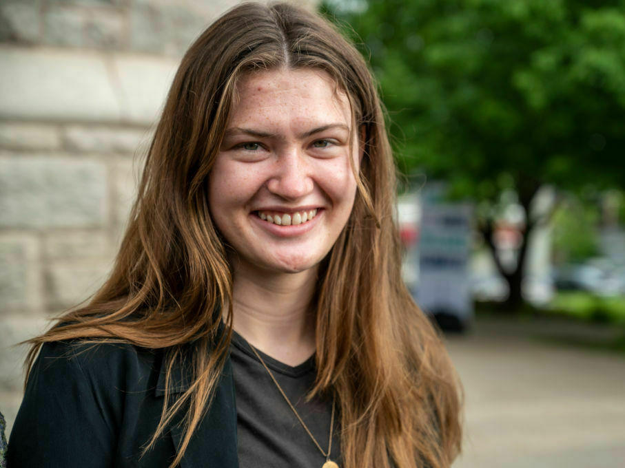 Rikki Held, 22, arrives for the United States' first youth climate-change trial at Montana's 1st Judicial District Court in Helena, Mont., on June 12. She was one of 16 young plaintiffs, ages 5 to 22, who sued the state for promoting fossil fuel energy policies that they say violate their constitutional right to a 
