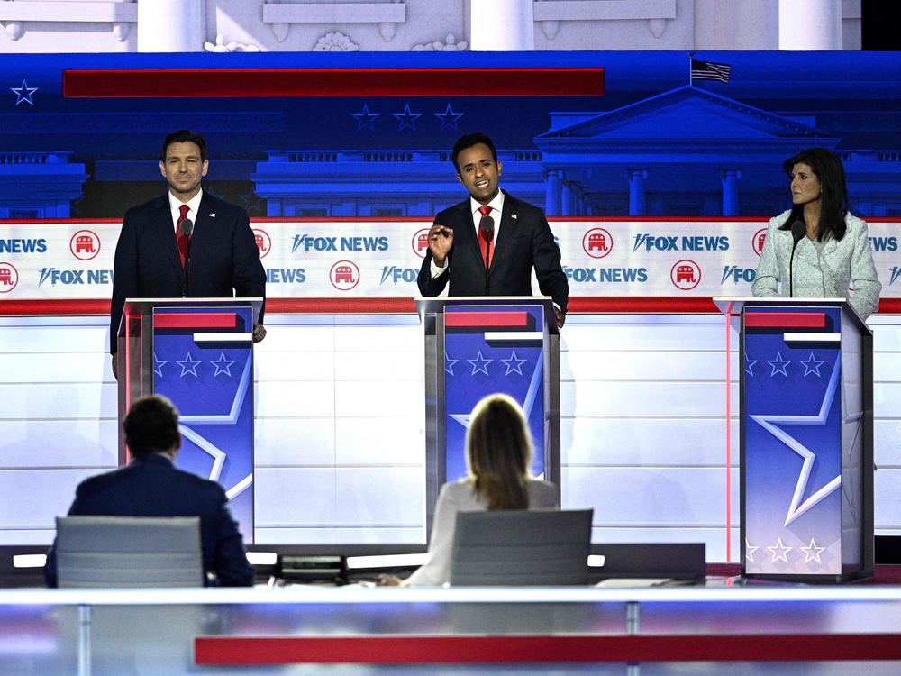 From left to right: Former Vice President Mike Pence, Florida Gov. Ron DeSantis, entrepreneur Vivek Ramaswamy and former U.N. Ambassador Nikki Haley during the first Republican presidential primary debate in Milwaukee on Wednesday.