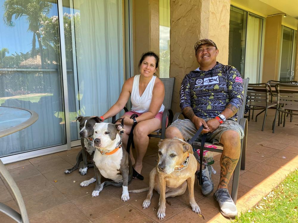 Jeremy DelosReyes and his wife Grace at a hotel condo where they're living temporarily after the Lahaina fire destroyed their house. Since the disaster three realtors have called to ask if he wants to sell his land.