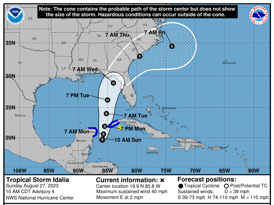 A graphic from the National Hurricane Center shows a projected path of Tropical Storm Idalia.
