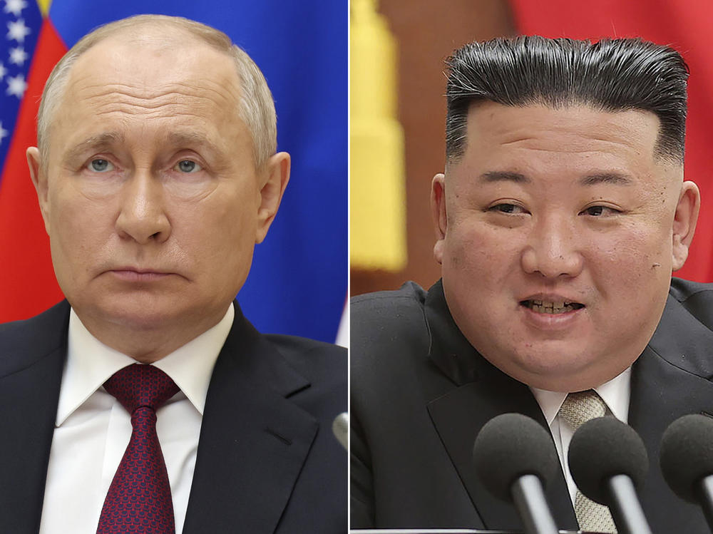 In side-by-side photos: Russian President Vladimir Putin listens during a meeting in Moscow, Aug. 23, and North Korean leader Kim Jong Un speaks during a meeting of the ruling Workers' Party at its headquarters in Pyongyang, North Korea, in early 2023.