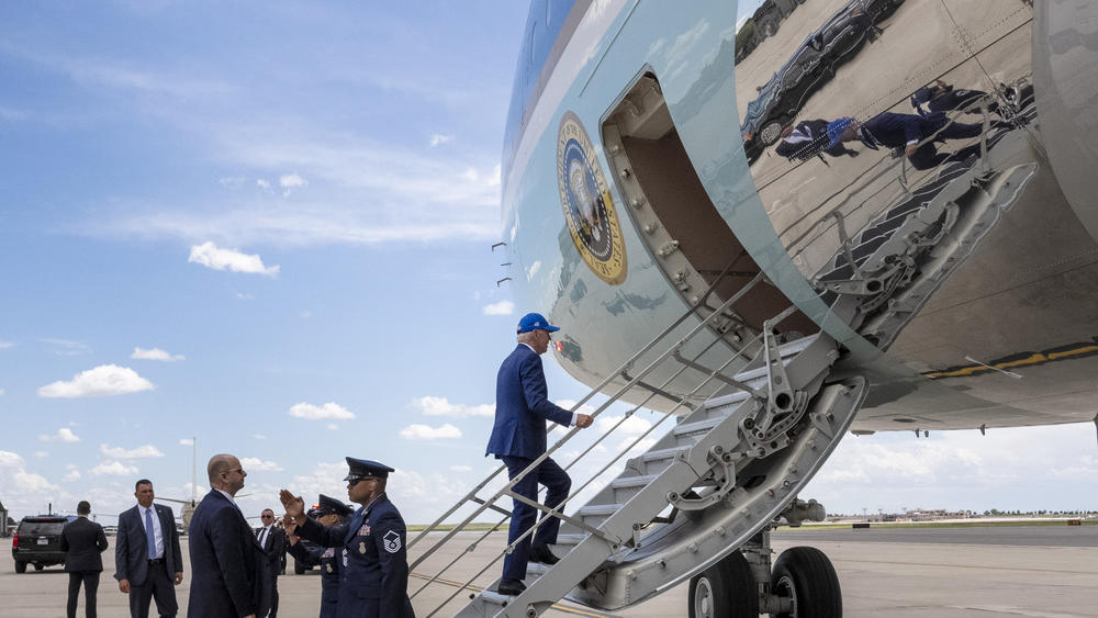 President Biden boards Air Force One at Peterson Air Force Base in Colorado Springs, Colo. on June 1, 2023, after attending the 2023 United States Air Force Academy Graduation Ceremony.