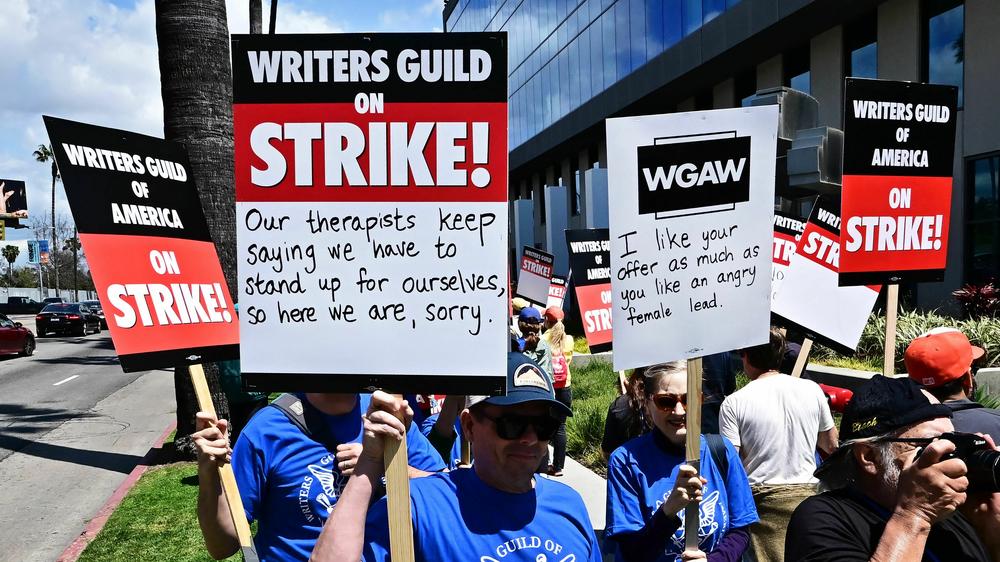Writers picket in front of Netflix offices in Hollywood in May as the WGA strike began.
