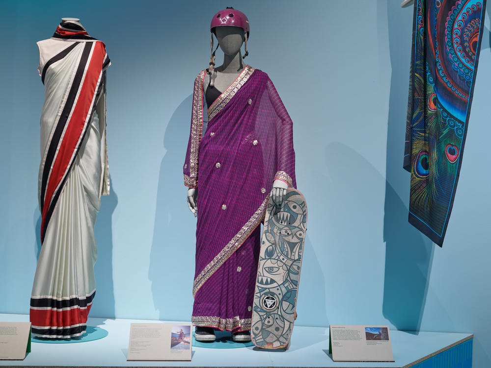 The purple sari in the museum show belongs to Oorbie Roy, a Canadian Indian, who goes by Aunty Skates on social media. She occasionally wears a sari while skateboarding. 