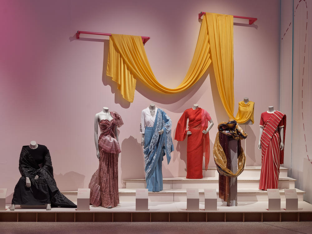 The exhibition features saris by modern Indian designers and artisans, says assistant curator Tiya Dahyabhai. 