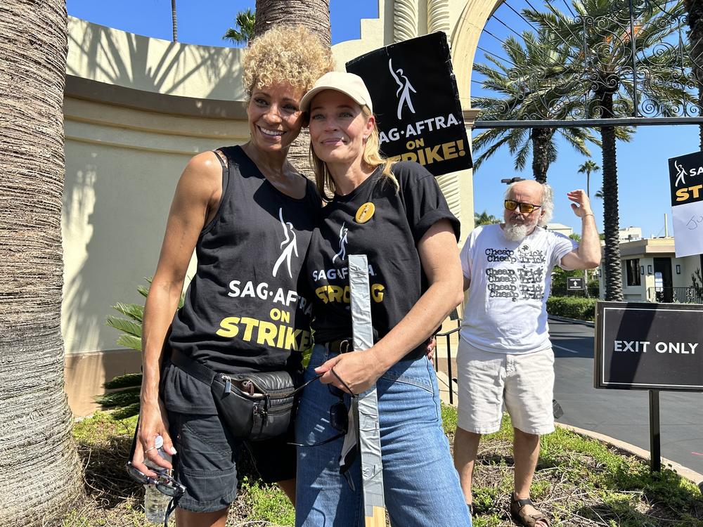 <em>Star Trek: Picard</em> actresses Michelle Hurd and Jeri Ryan outside Paramount Pictures. Behind them is Clint Howard, who has been in five different <em>Star Trek</em> series.