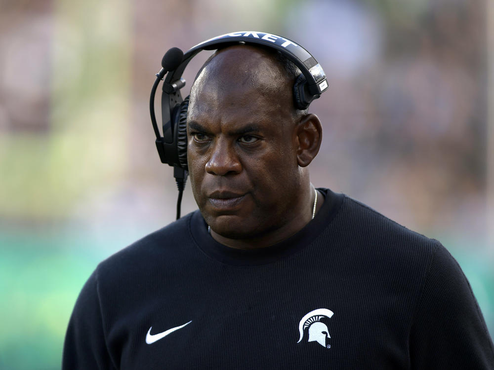 Michigan State coach Mel Tucker walks the sideline during the second half of an NCAA college football game against Richmond on Saturday in East Lansing, Mich. Michigan State won 45-14.