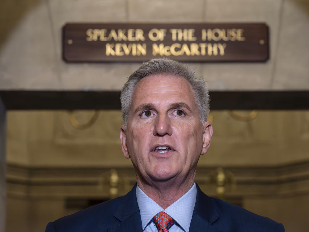 Speaker of the House Kevin McCarthy, R-Calif., speaks at the Capitol on Tuesday.