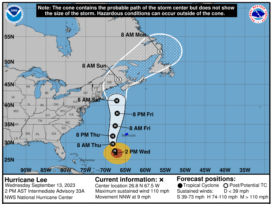 This National Hurricane Center graphic, produced at 2 p.m. ET on Wednesday, Sept. 13, 2023, shows the projected path of Hurricane Lee as it parallels the east coast of the United States.
