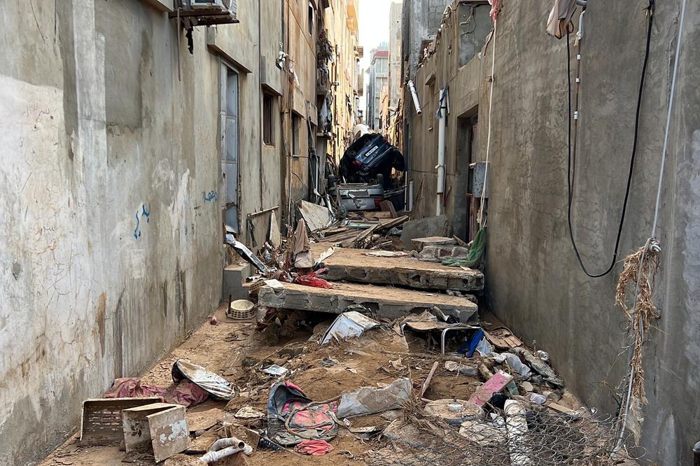 A view of buildings and cars damaged in floods in Derna, Libya, Sept. 14.
