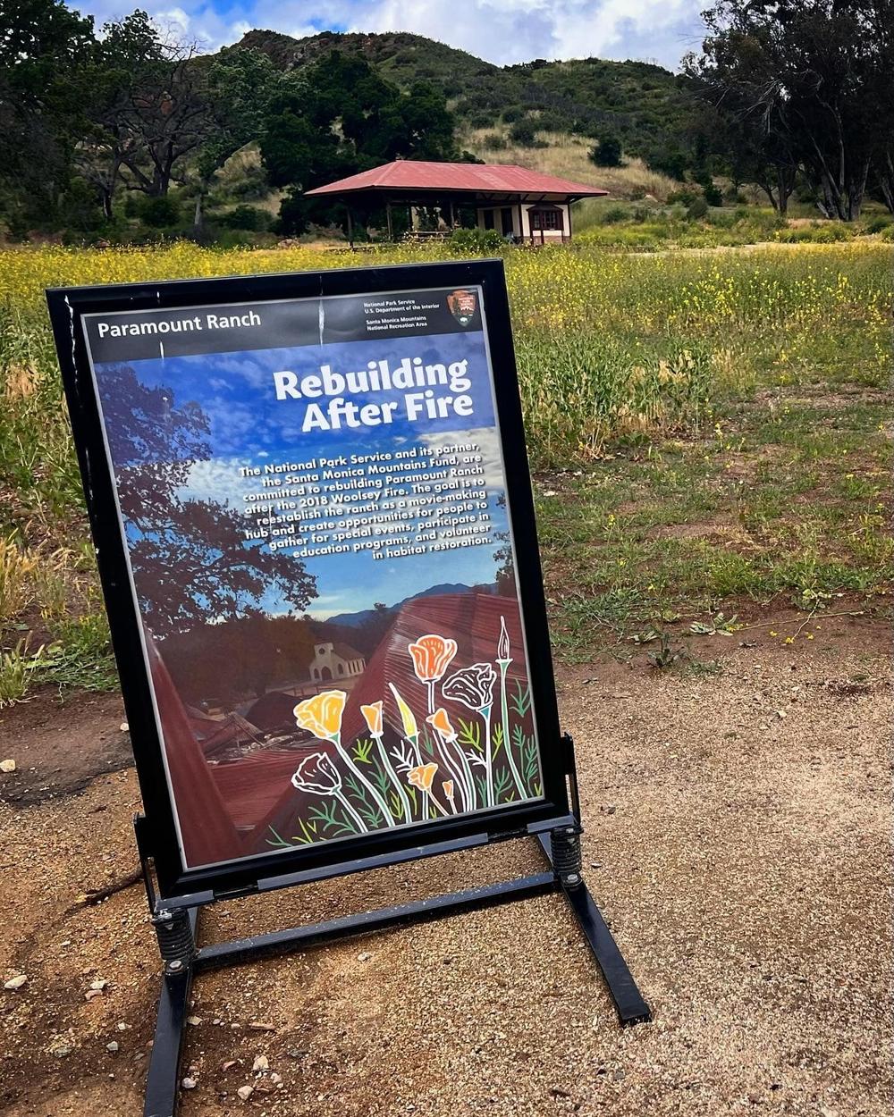 A sign at the Paramount Ranch explains the recovery efforts.