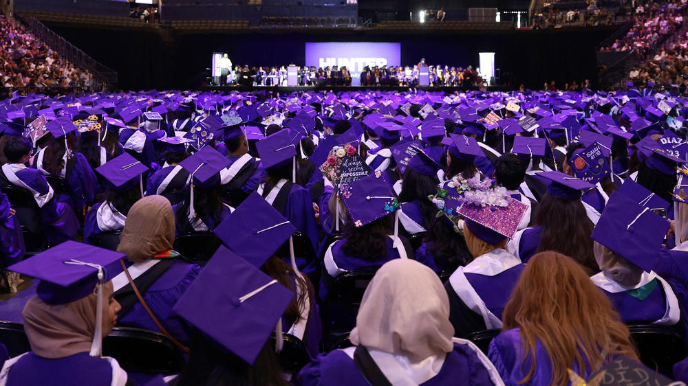 A general view during Lin-Manuel Miranda's Hunter College Commencement Address May 30 in New York City. Recent college graduates are due to make their first student loan payments in the coming weeks.