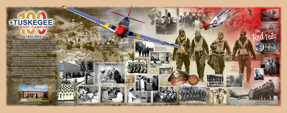 The Tuskegee VA is celebrating its centennial. A mural in the canteen depicts key moments in the facility's history.