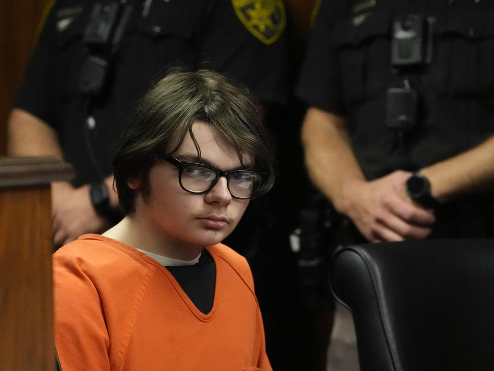 Seventeen-year-old Ethan Crumbley, seen in a Pontiac, Mich., courtroom in July, was 15 when he shot and killed four people and wounded seven others during a shooting at Oxford High School in Oxford, Mich. Friday's hearing took place over Zoom.