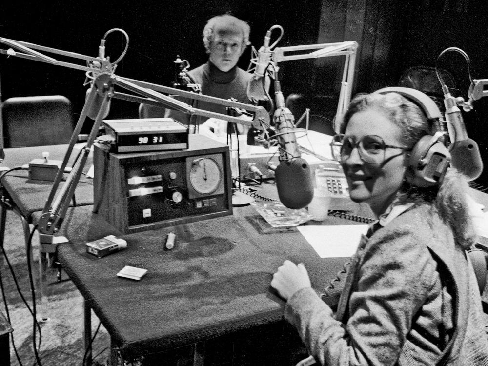 Barbara Hoctor Lynch, right, is pictured cohosting <em>All Things Considered</em> with Noah Adams at a studio in a former NPR building in Washington, D.C., during the 1970s.