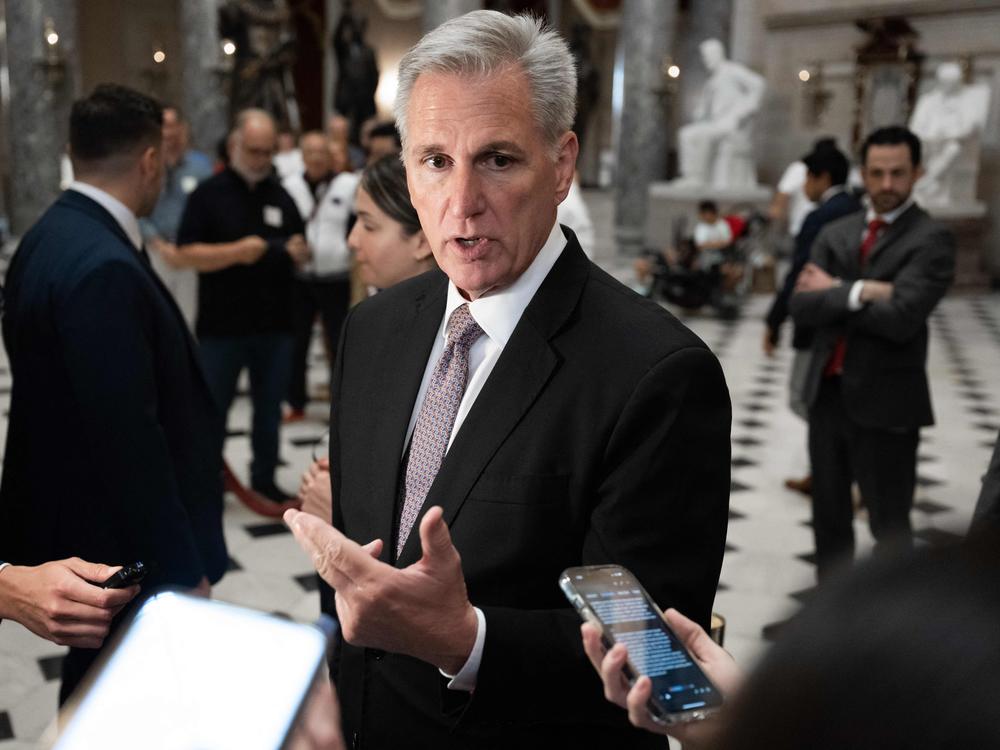 U.S. House Speaker Kevin McCarthy, R-Calif., speaks to reporters at the U.S. Capitol on Monday.