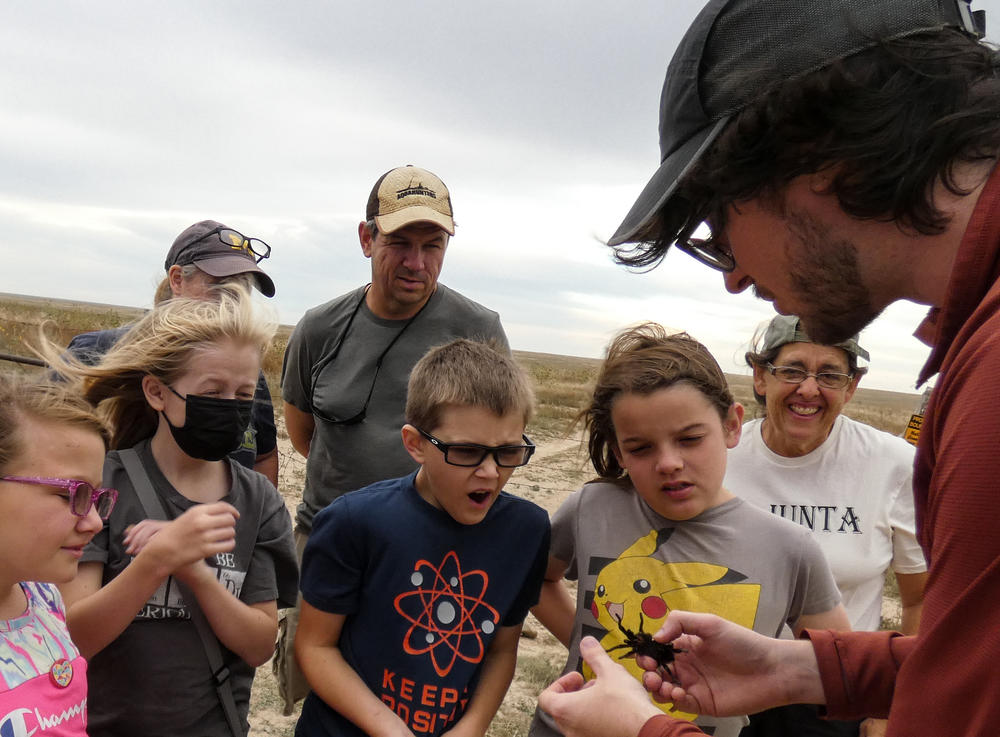 Tarantula researcher Dallas Haselhuhn talks to festival goers at a stop on a Tarantula Trek bus tour in the Comanche National Grassland just south of La Junta