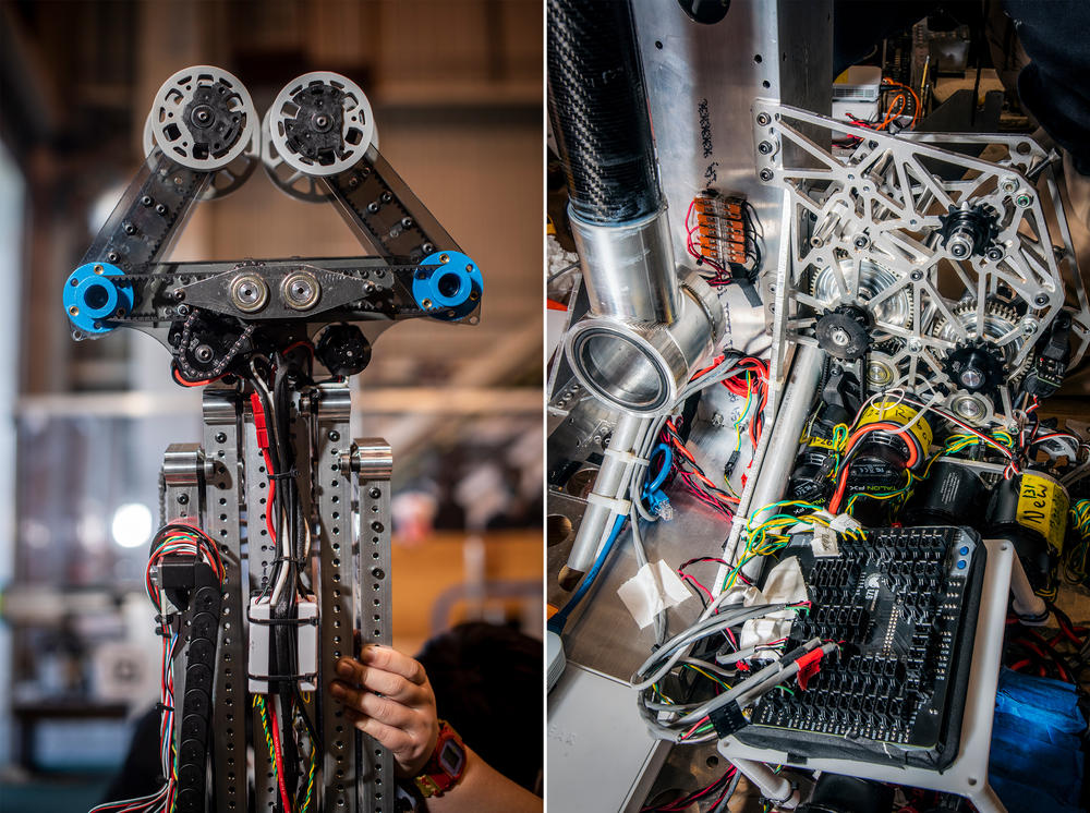 The hand-like effector on Archbishop Mitty High School Team 1351 TKO's robot (left) telescopes and tilts to handle game pieces. (Right) Team 971 Spartan Robotics are known for their innovative tech.