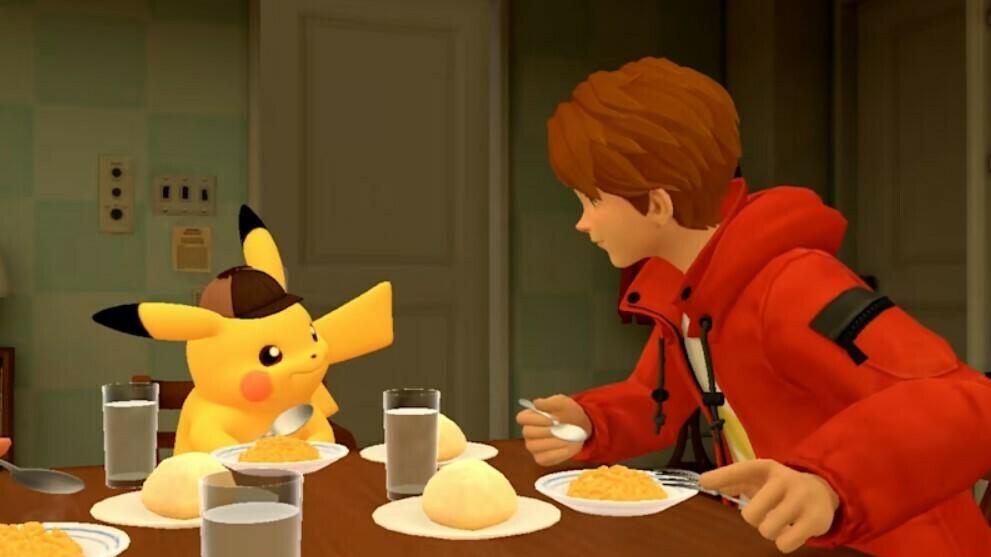 Detective Pikachu and Tim Goodman share a meal.