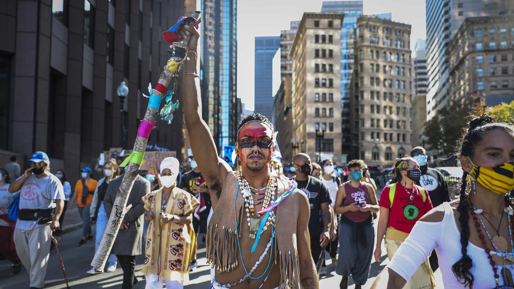 Protesters marched in an Indigenous Peoples Day rally in Boston on Oct. 10, 2020, as part of a demonstration to change Columbus Day to Indigenous Peoples' Day.