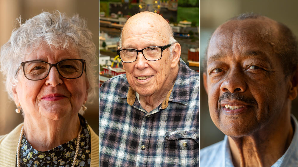 <strong>Left to right:</strong> Rosalie Bablak, 86; David Reckless, 88; John Fuller, 81 at the Passavant Community Abundant Life Center in Zelienople, Pa. in September.