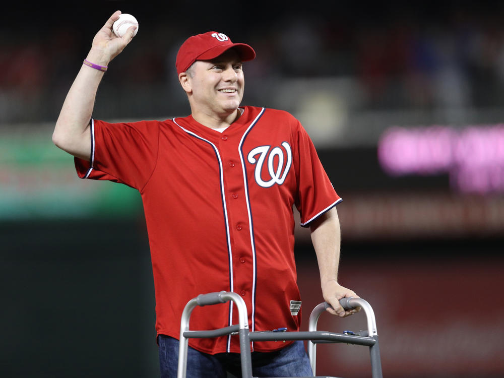 Louisiana Rep. Steve Scalise throws the ceremonial first pitch prior to a baseball game at Nationals Park on Oct. 6, 2017 in Washington, D.C.