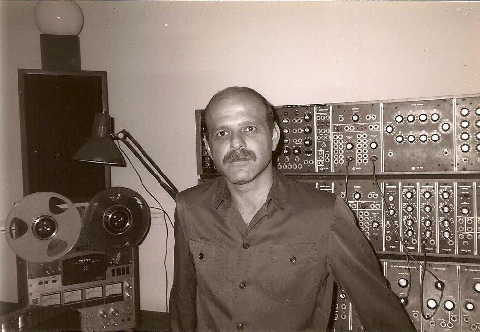 Creshevsky in 1985 with his Moog synthesizer.