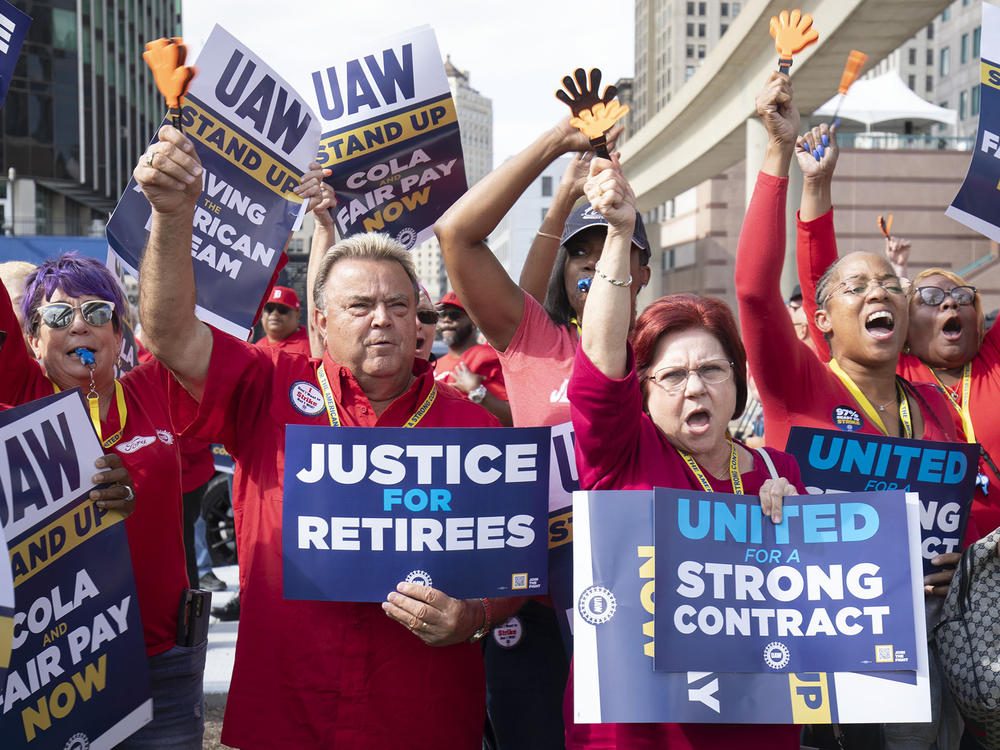 United Auto Workers members attend a solidarity rally as the UAW strikes the Big Three automakers on Sept. 15 in Detroit.