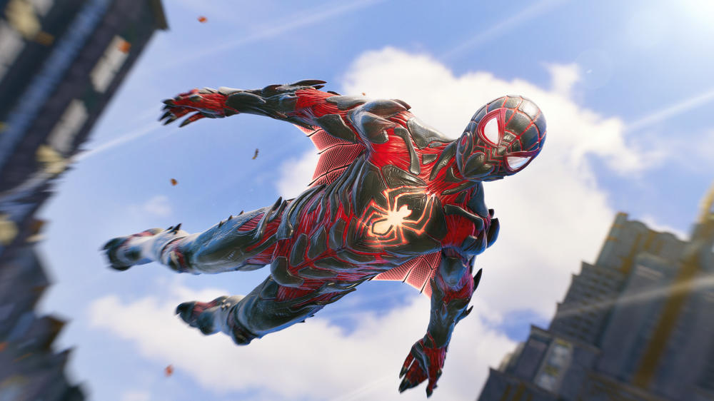 Miles soars with one of the many customizable suits you can unlock.