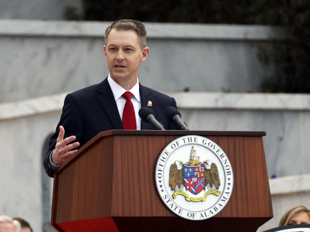 Alabama Secretary of State Wes Allen speaks during his inauguration on Jan. 16, 2023, in Montgomery, Ala. After pulling Alabama out of the Electronic Registration Information Center, Allen has now announced a new voter database.