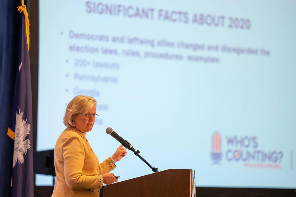 Conservative attorney Cleta Mitchell speaks about election integrity at a South Carolina Republican Party event in Myrtle Beach on Aug. 27, 2022. Mitchell has been a key critic of ERIC who's now pushing an alternative called EagleAI.<a href=