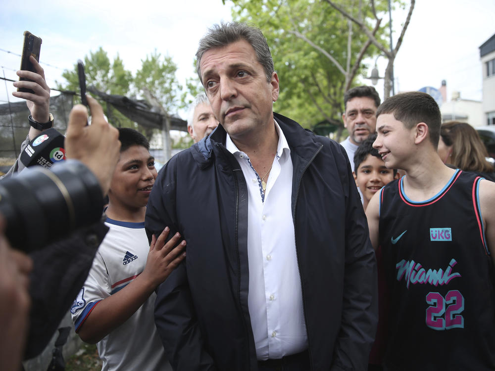 Economy Minister and presidential hopeful Sergio Massa arrives to a polling station during general elections in Buenos Aires, Argentina, on Sunday.