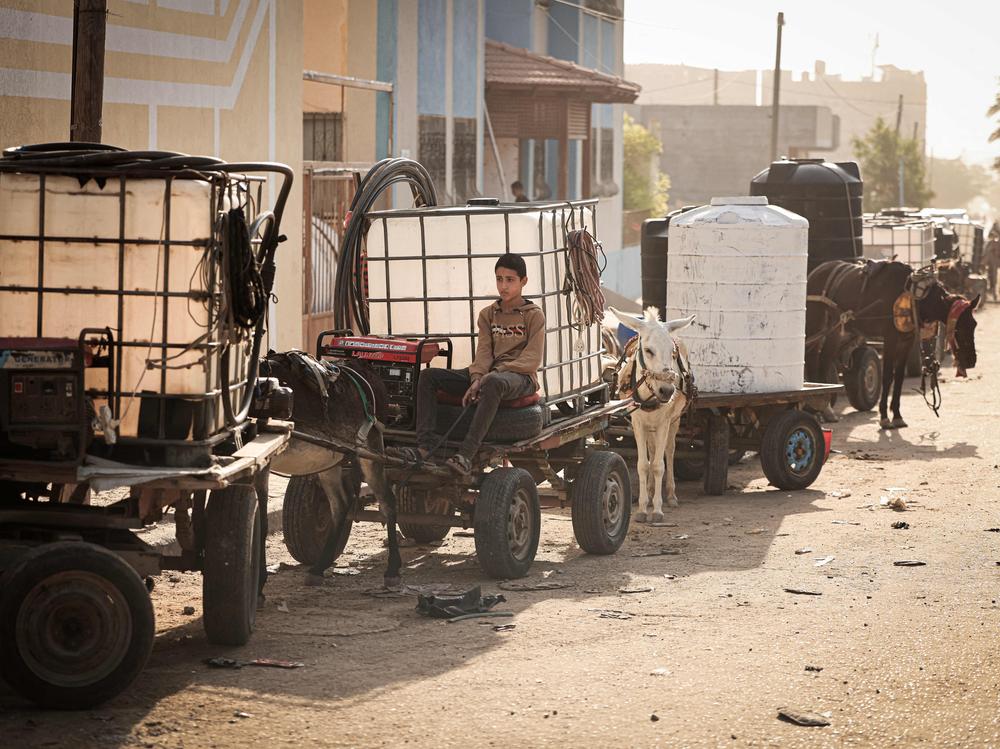 A boy in Khan Younis sits on donkey-drawn cart loaded with a water tank, as drinking water and fuel become increasingly scarce in Gaza.