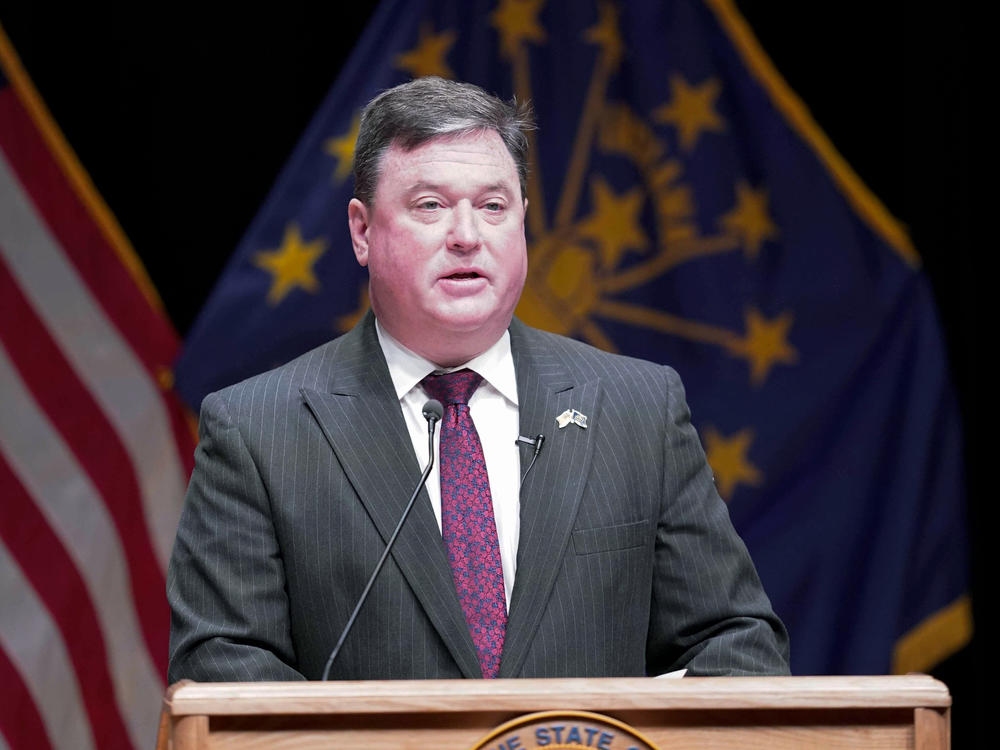 The Indiana Supreme Court has found the state's attorney general, Todd Rokita, violated professional conduct rules in his remarks about an abortion provider. Rokita is seen here speaking in Indianapolis in 2021.