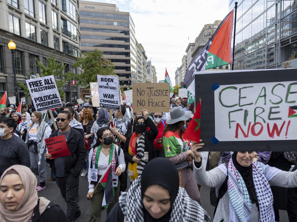 People march during a pro-Palestinian demonstration in Washington on Saturday.