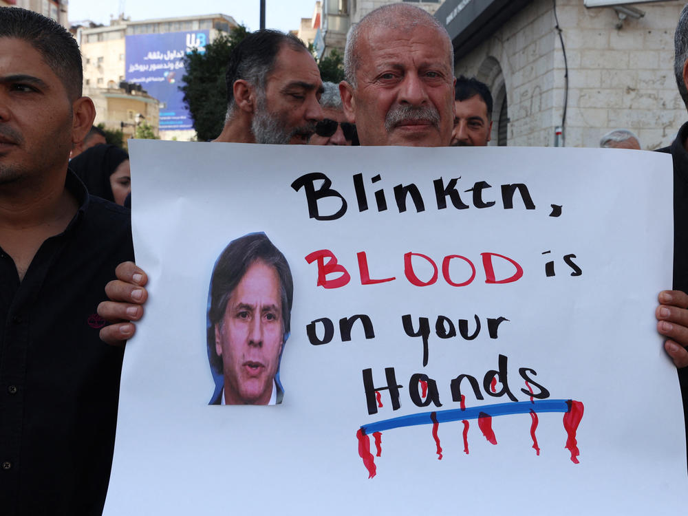 Protesters demonstrate against a visit by U.S Secretary of State Antony Blinken in the West Bank city of Ramallah where he met the president of the Palestinian Authority on Sunday.