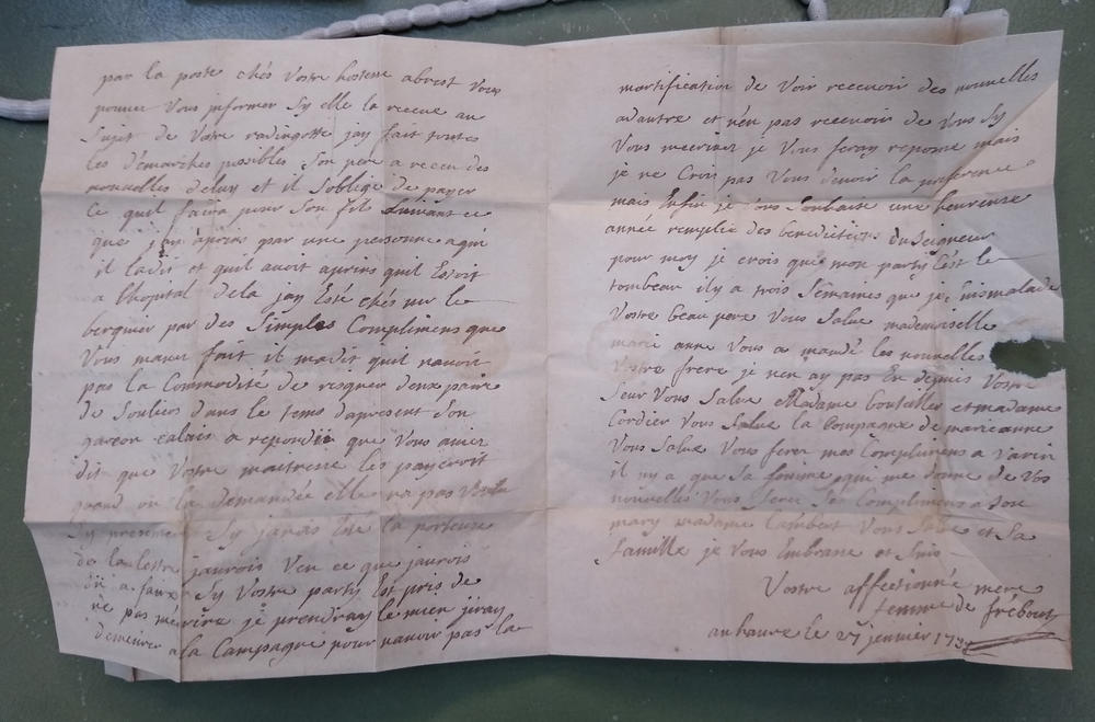 Marguerite's letter to her son Nicolas Quesnel (dated Jan. 27, 1758), in which she says, 