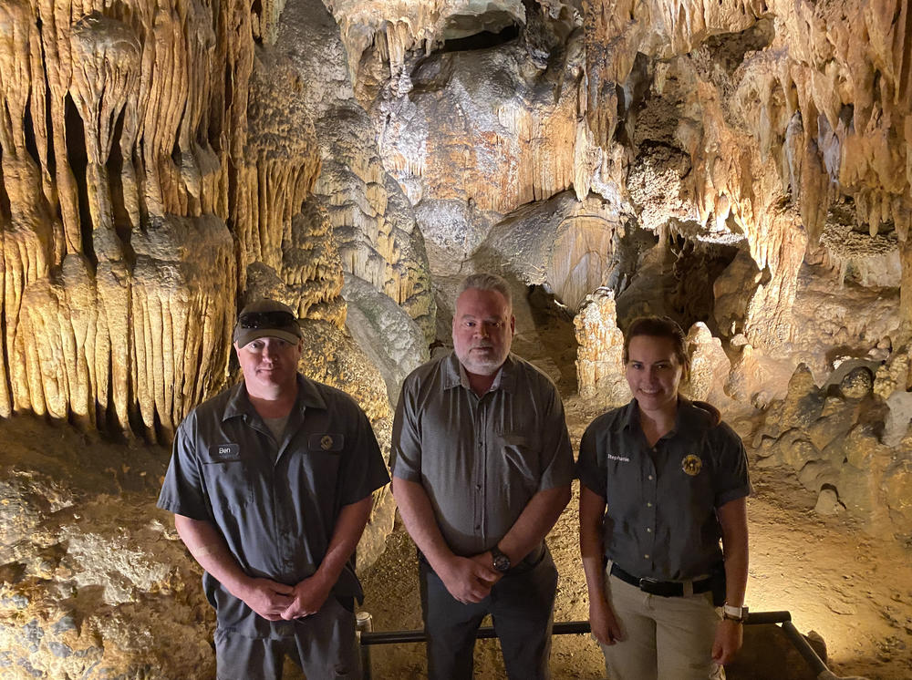 Larry Moyer, center, who started working at the Caverns for 42 years as a teenager and is now the lead engineer of the organ.Two apprentices, Stephanie Beahm, right, and Ben Caton are both learning what they can from Moyer so that future generations may experience the enchanting sounds of the Great Stalacpipe Organ.