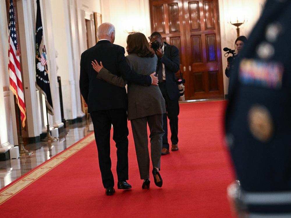 President Biden and Vice President Harris leave the East Room on Oct. 30 after delivering remarks on new safeguards for artificial intelligence.