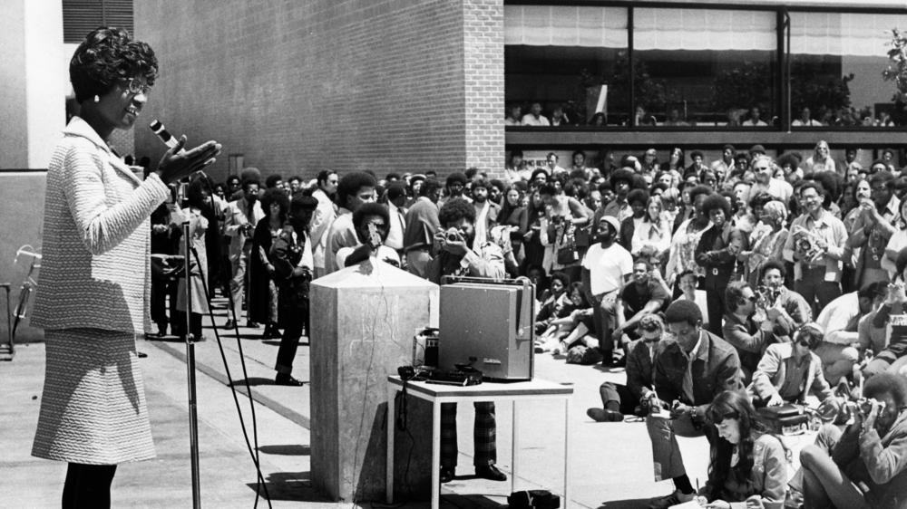 Shirley Chisholm, the first Black woman elected to U.S. Congress was running for president in 1972 when she had a remarkable interaction with the pro-segregation George Wallace, then governor of Alabama. Her efforts to build bridges with him ultimately changed his point of view. She's pictured here giving a speech at Laney Community College during her presidential campaign.