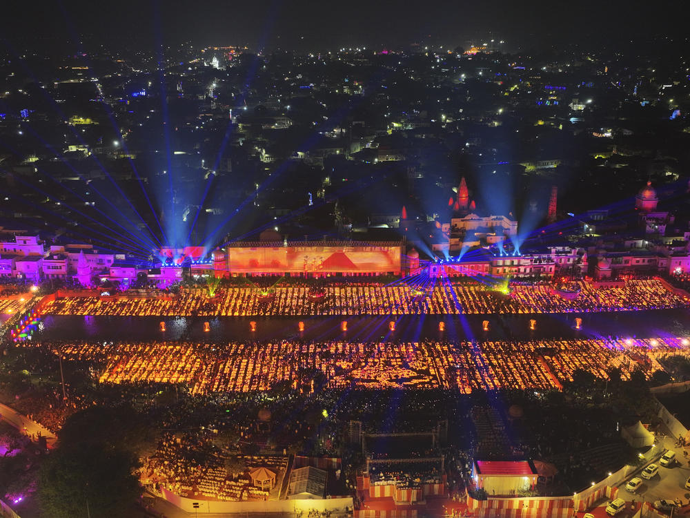 Lamps light up the banks of the river Saryu on the eve of the Hindu festival of Diwali, in Ayodhya, India, Saturday, Nov. 11, 2023.