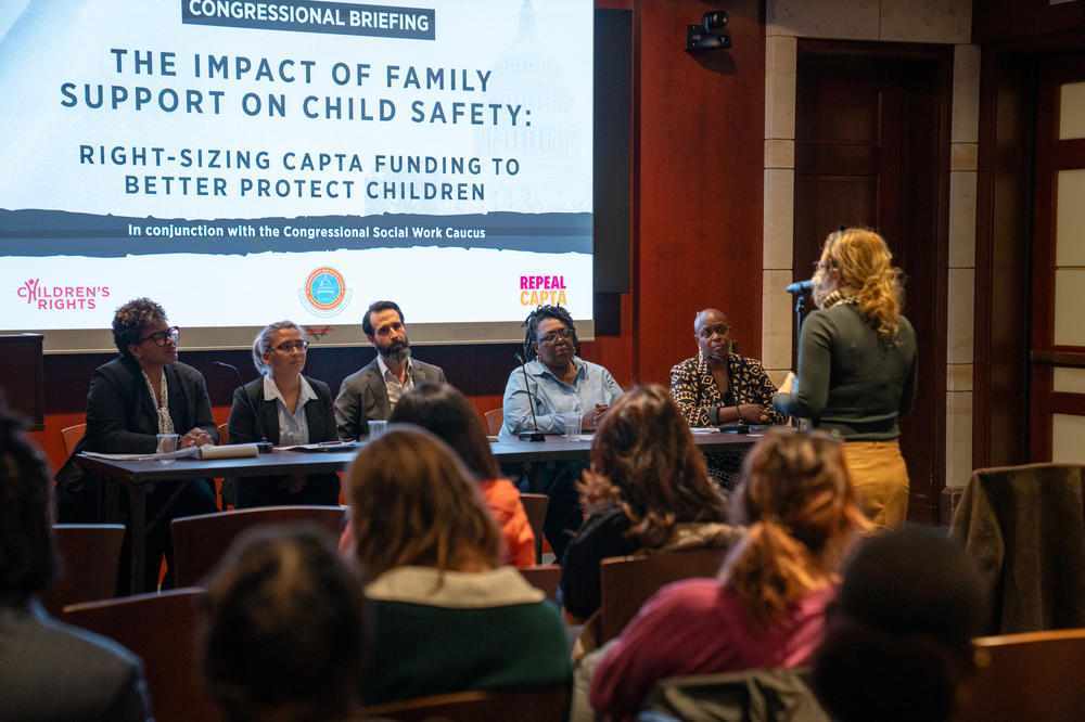 Left to right: Child welfare policy advocates Shereen White, Jasmine Wali, David Kelly, Joyce McMillan and Angela Burton speak at an event on Capitol Hill in Washington, D.C. on Oct. 23, 2023.