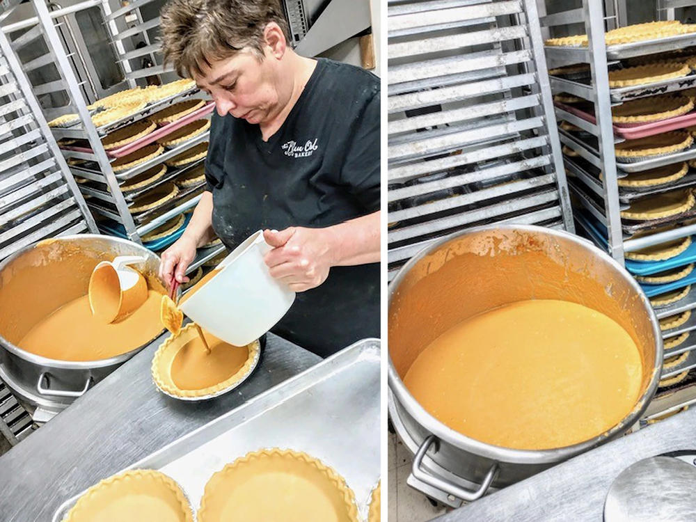 Lead baker Sheila Winford pours pumpkin pie mixture into crusts at The Blue Owl in House Springs, Mo. The restaurant will churn out hundreds of pumpkin pies from now through New Year's.