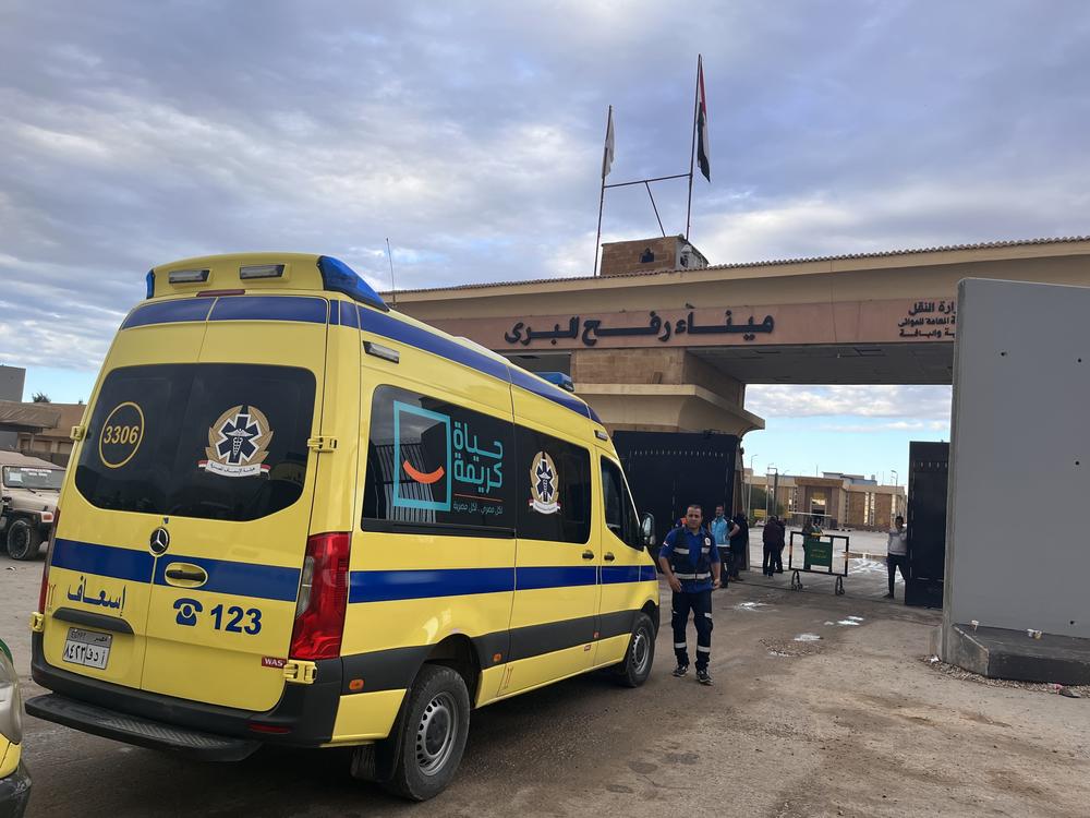 An Egyptian ambulance prepares to enter the Gaza Strip on Nov. 15 through the Rafah crossing, to transport critically wounded Palestinians for treatment to Egypt.