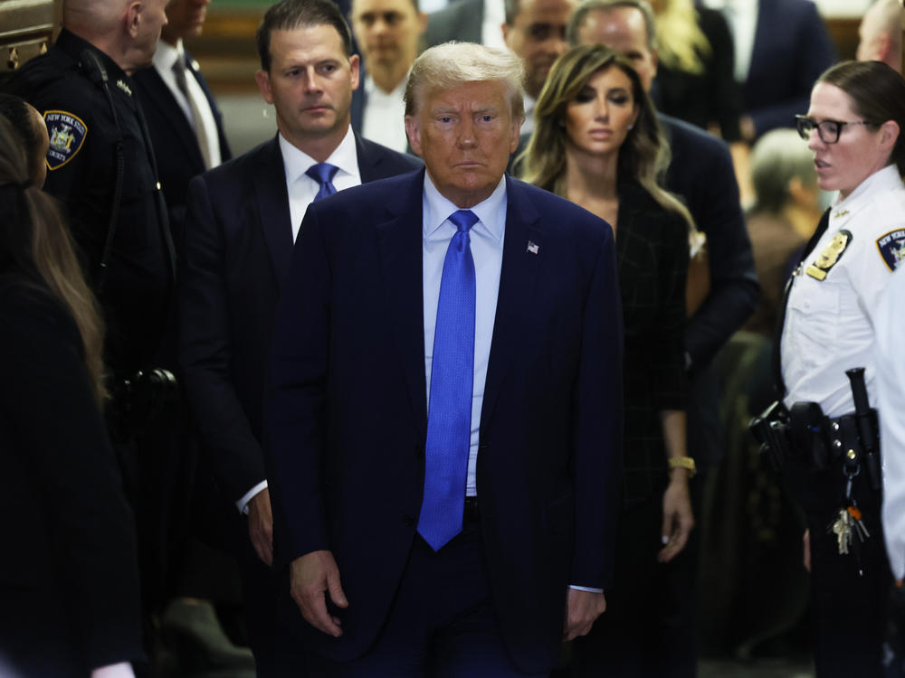 Former President Donald Trump exits the courtroom after testifying at his civil fraud trial at New York State Supreme Court on November 06, 2023 in New York City.