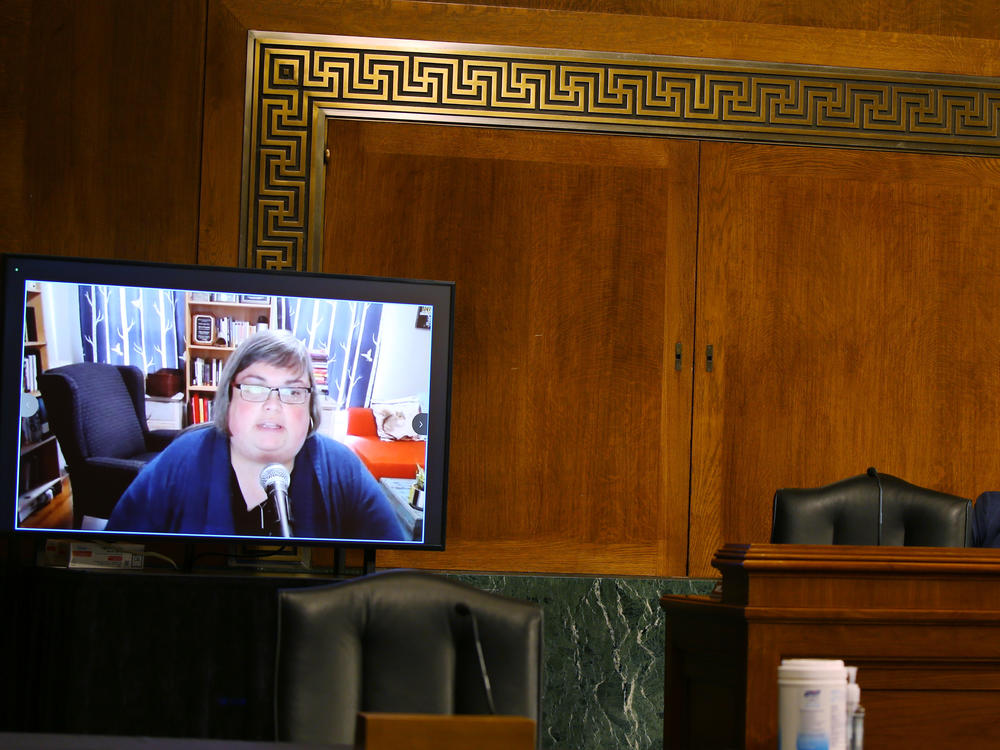 Disinformation researcher Joan Donovan testifying remotely during a U.S. Senate hearing in April 2021. Donovan contends she lost her job at Harvard University due to pressure from the social media company, Meta.