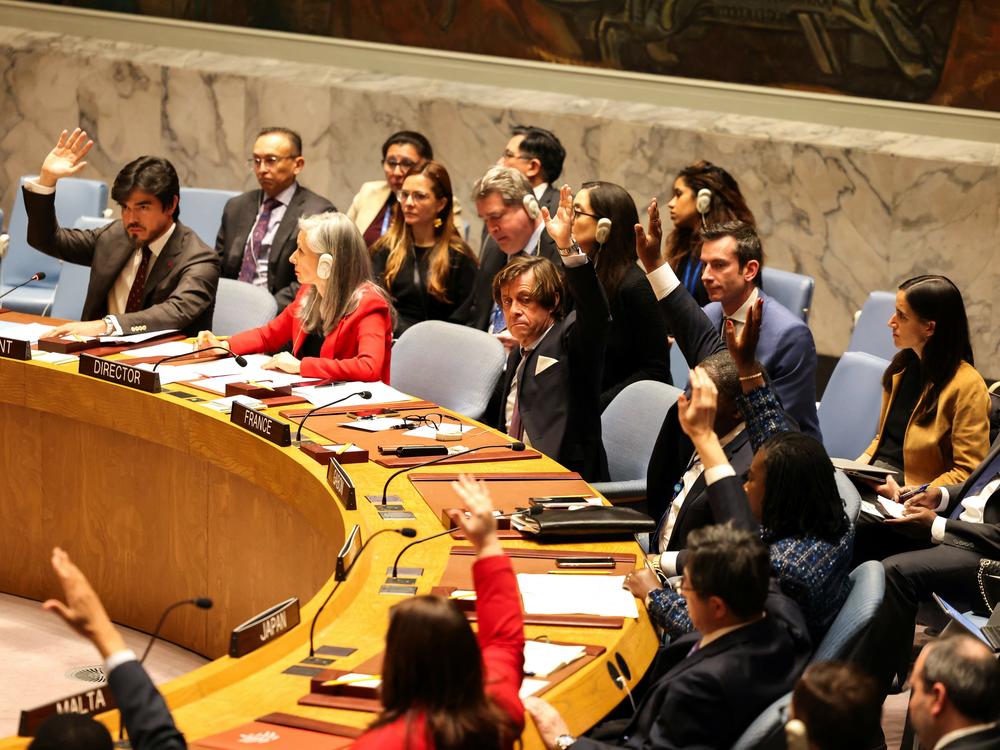 French Ambassador to the United Nations Nicolas de Rivière (center) and other representatives raise their hands in favor of a resolution calling for a cease-fire in Gaza during a U.N. Security Council meeting in New York on Friday. The U.S. vetoed it.