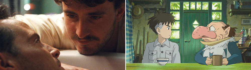 Andrew Scott and Paul Mescal in <em>All of Us Strangers,</em> left, and 12-year-old Mahito in an otherworldly realm in <em>The Boy and the Heron.</em>