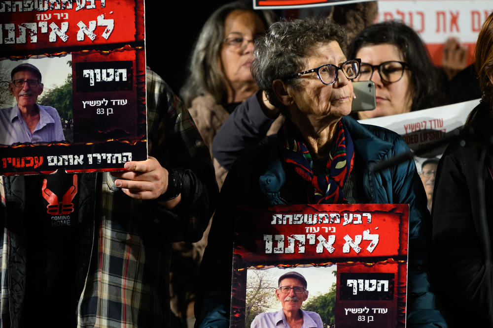 Released hostage Yocheved Lifshitz attends a rally in Tel Aviv last week calling for the release of the remaining hostages, including her husband Oded.
